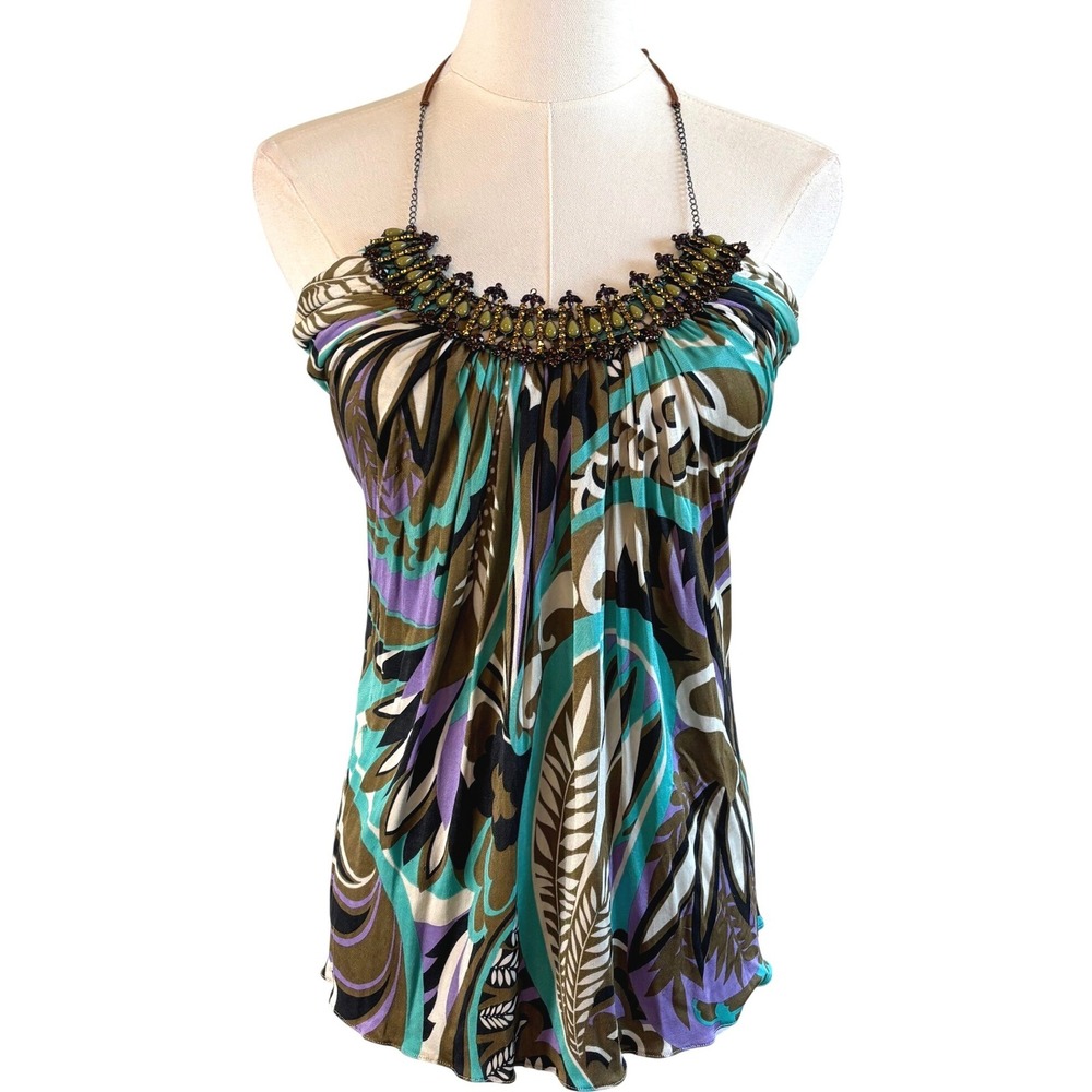 Sky Halter Top Multi-Color Women Medium 100% Silk Beaded Neckline Y2K Boho Print
